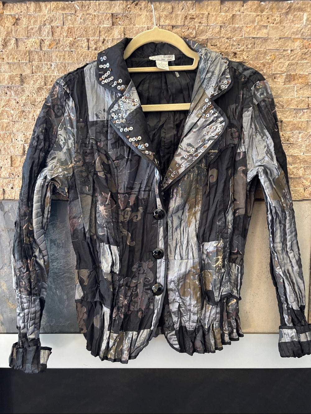 Alberto Makali Black and Silver Crinkle Jacket with Sequin Trim Large